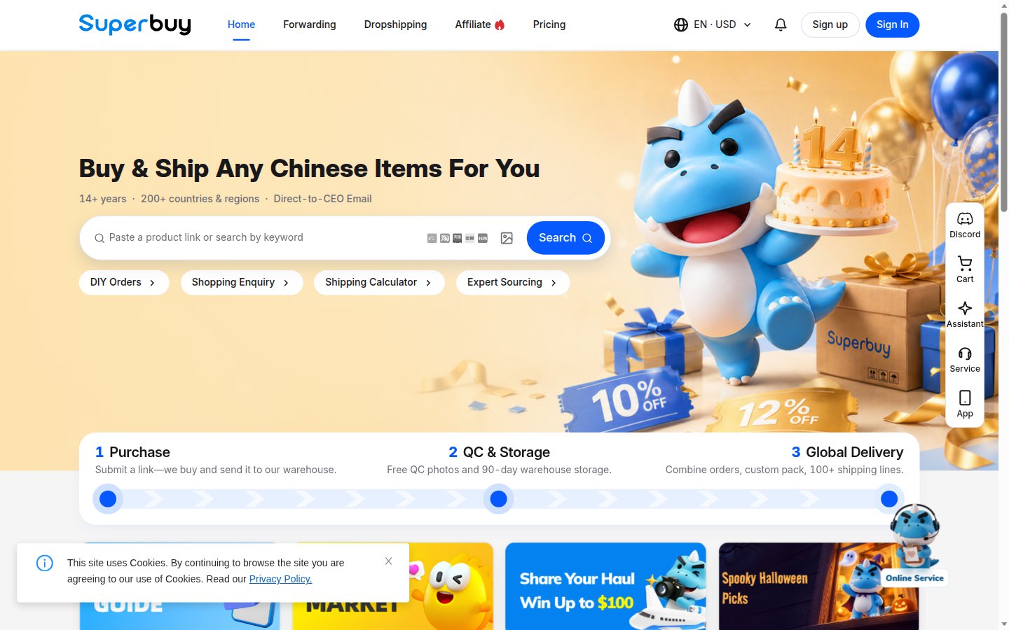 Homepage ufficiale Superbuy: wordmark arancione, barra per incollare e tre passi Place Orders, Submit Parcels, Sign Delivery